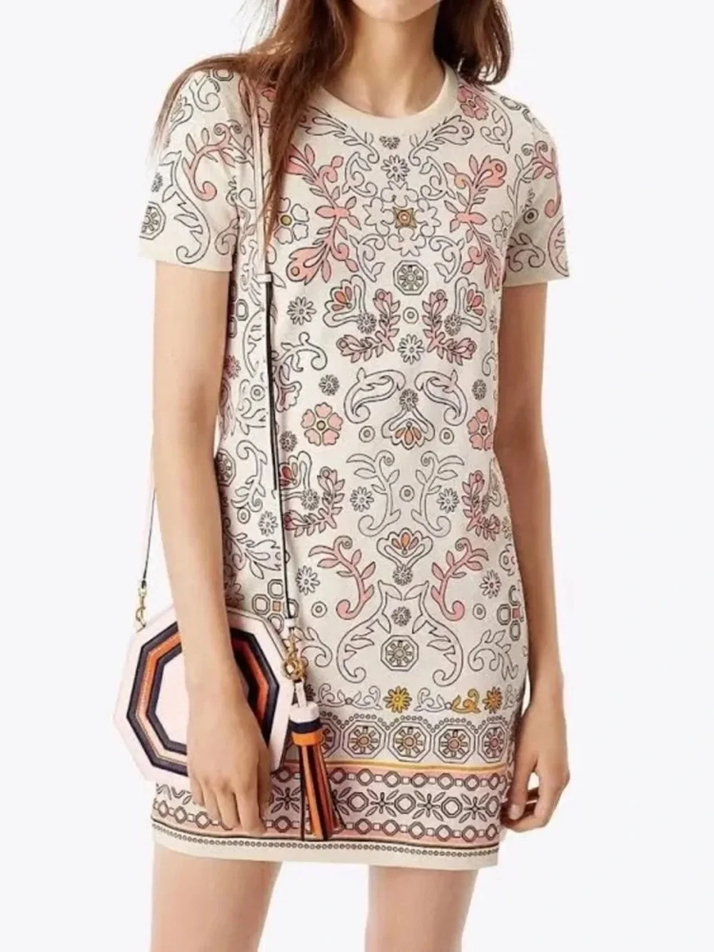 Tory Burch Printed Cotton T-Shirt Dress – Size Medium – Cream/Pink